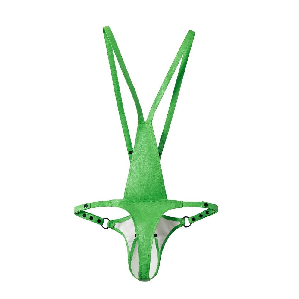details of green Men’s Lockdown Suspender Jock Singlet – pridevoyageshop.com – gay men’s harness, lingerie and fetish wear