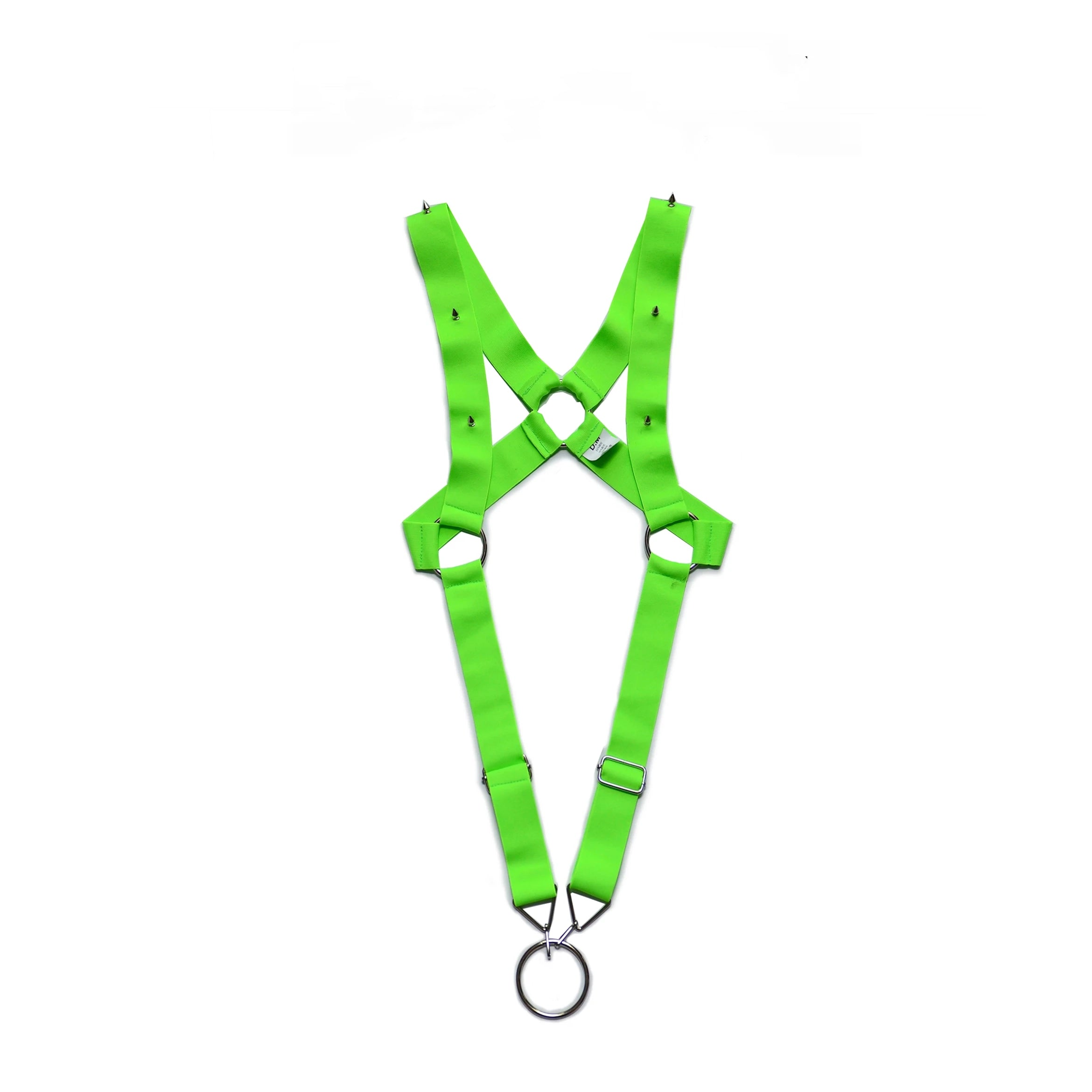 details of green Men’s Menace Spiked Harness – pridevoyageshop.com – gay men’s harness, lingerie and fetish wear
