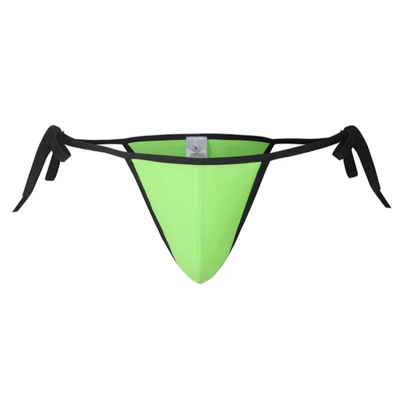 details of green Men’s Werk It Tie-Up Swim Bikini Thong – pridevoyageshop.com – gay men’s sexy swim briefs, trunks, board shorts, and bikinis