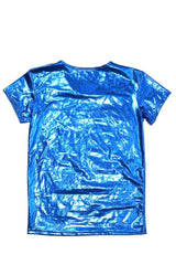 details of holographic metallic short sleeve tee displayed flat – pridevoyageshop.com – gay men’s gym tank tops mesh tank tops activewear clubwear fashion tops