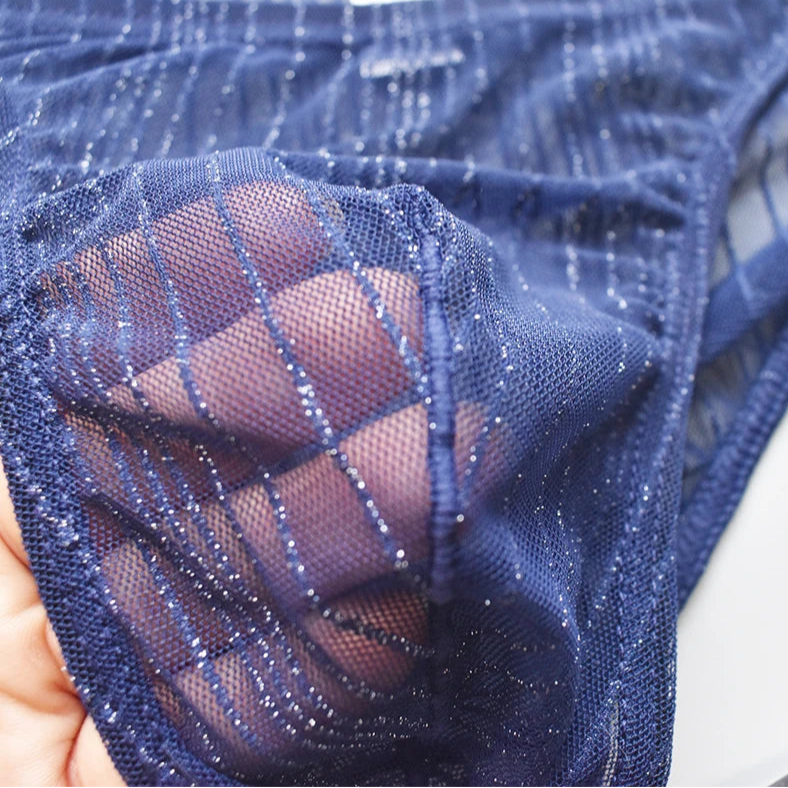 details of navy blue Men’s Glitter Mesh Sheer Brief - pridevoyageshop.com - gay men’s thongs, boxers, briefs and jockstraps