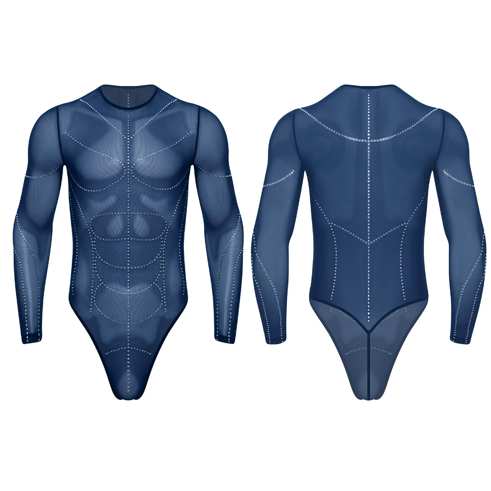 details of navy blue Men’s Night Vision Rhinestone Mesh Bodysuit – pridevoyageshop.com – gay men’s harness, lingerie and fetish wear