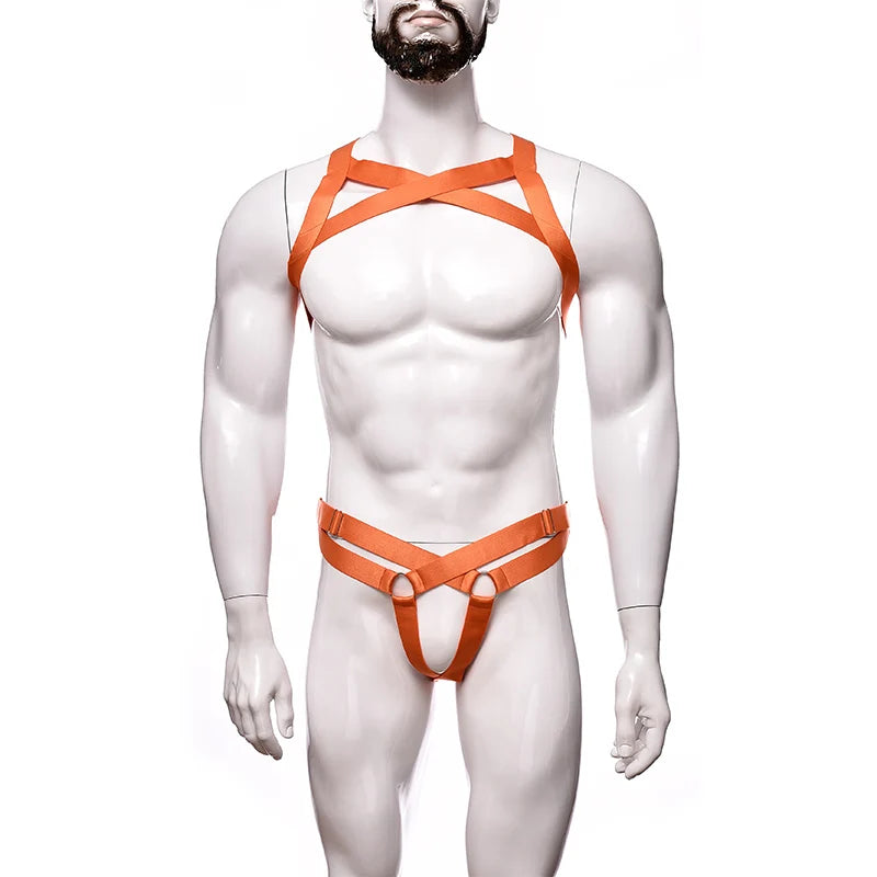 details of orange Men’s Gift‑Wrapped Jock Harness – pridevoyageshop.com – gay men’s harness, lingerie and fetish wear