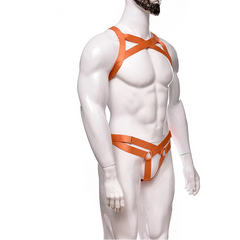 details of orange Men’s Gift‑Wrapped Jock Harness – pridevoyageshop.com – gay men’s harness, lingerie and fetish wear