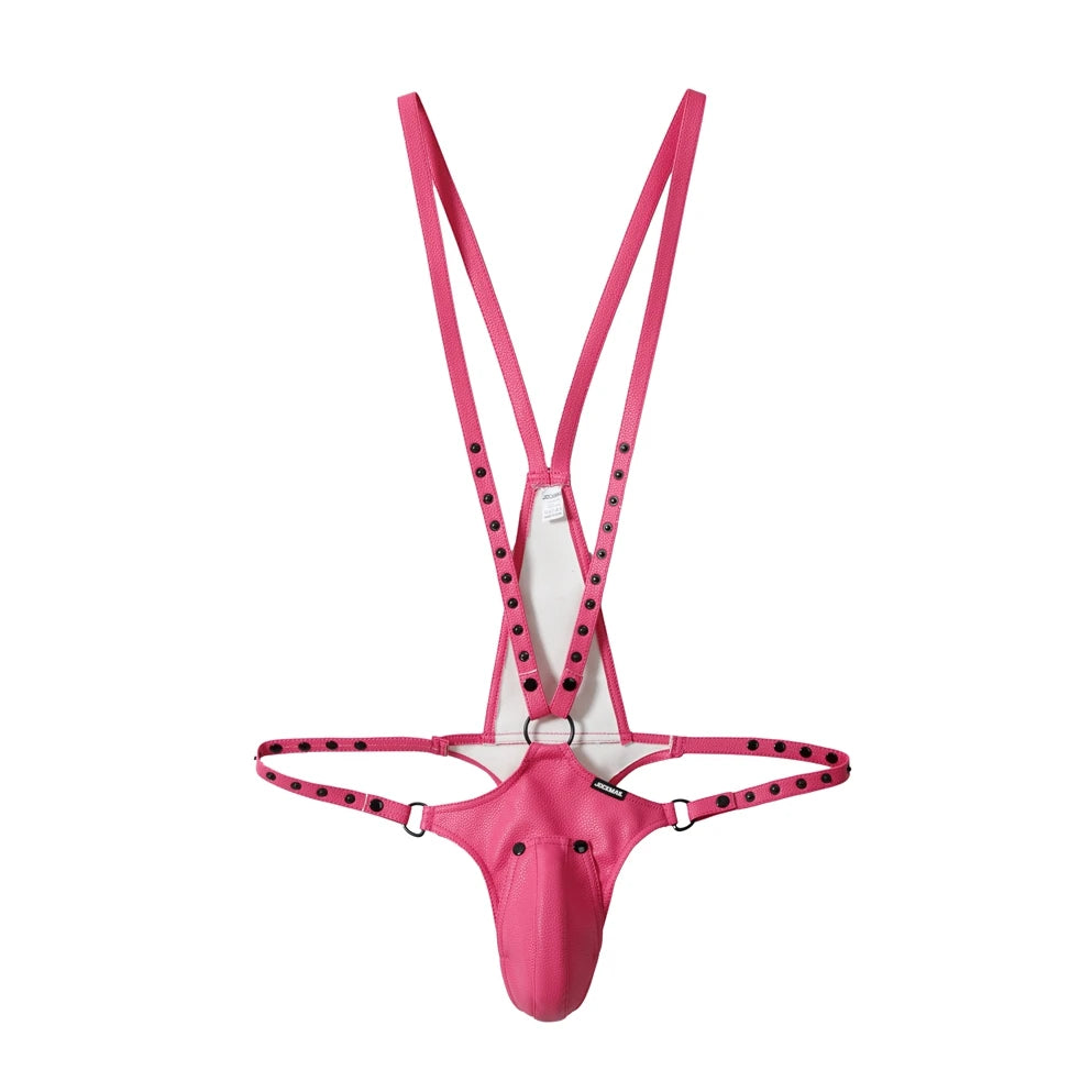 details of pink Men’s Lockdown Suspender Jock Singlet – pridevoyageshop.com – gay men’s harness, lingerie and fetish wear