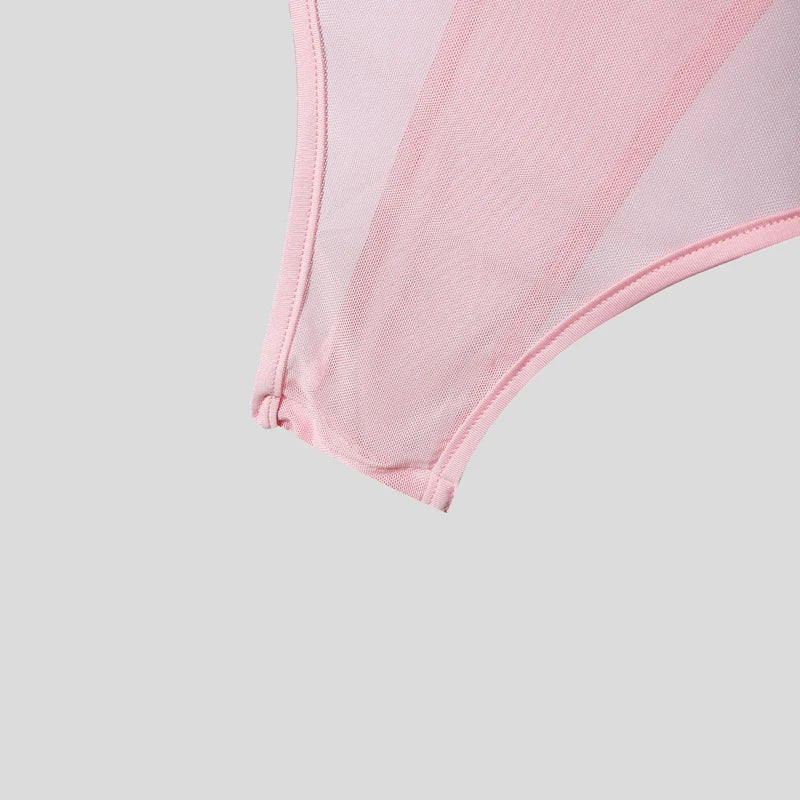 details of pink Night Shift Keyhole Halter Bodysuit flat lay with halter neckline and front keyhole cut-out – pridevoyageshop.com – gay men’s harness, lingerie and fetish wear