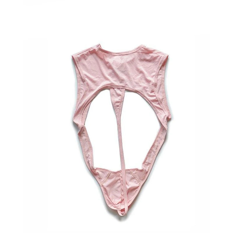 details of pink Serving Boy Open-Torso Mesh Bodysuit – pridevoyageshop.com – gay men’s harness, lingerie and fetish wear