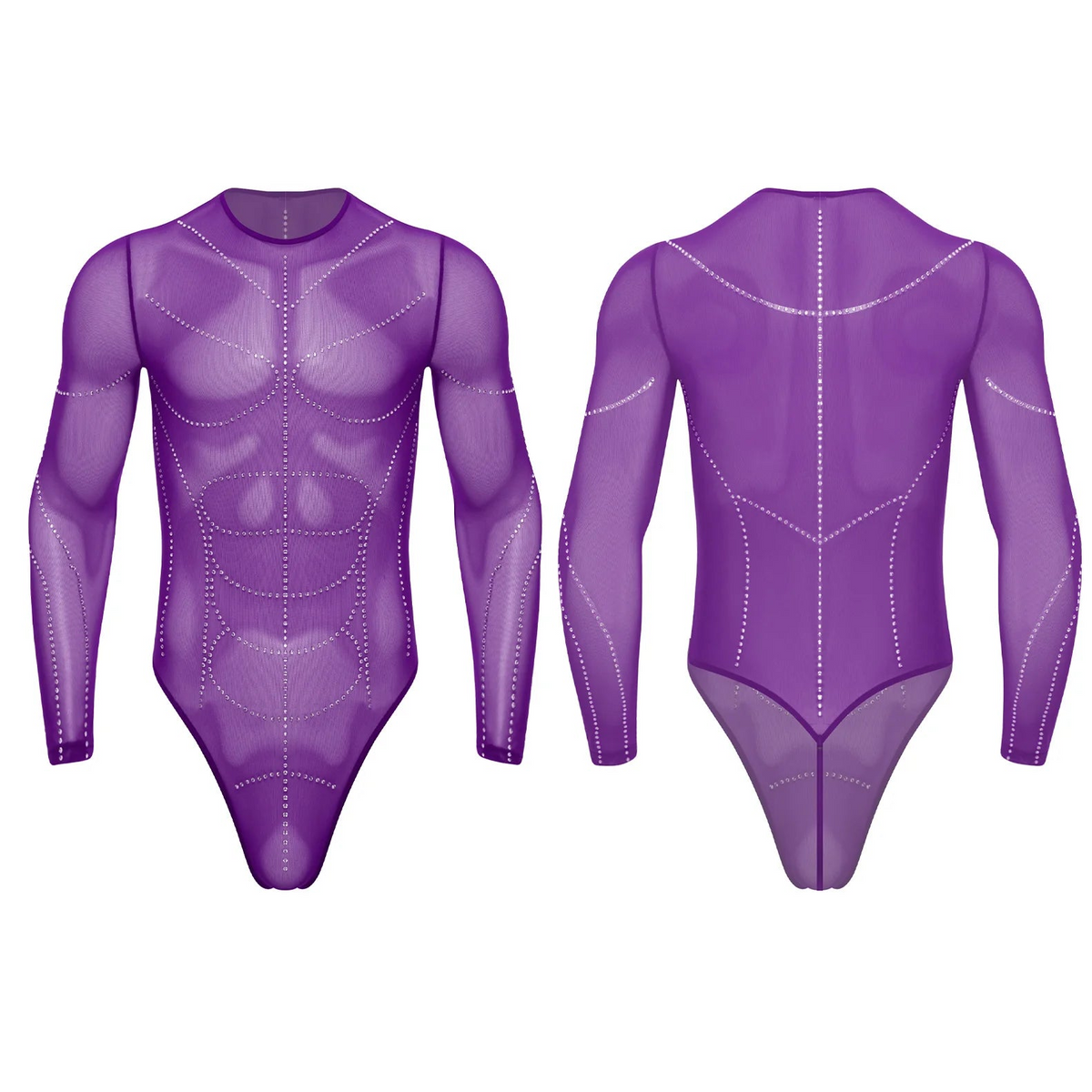 details of purple Men’s Night Vision Rhinestone Mesh Bodysuit – pridevoyageshop.com – gay men’s harness, lingerie and fetish wear