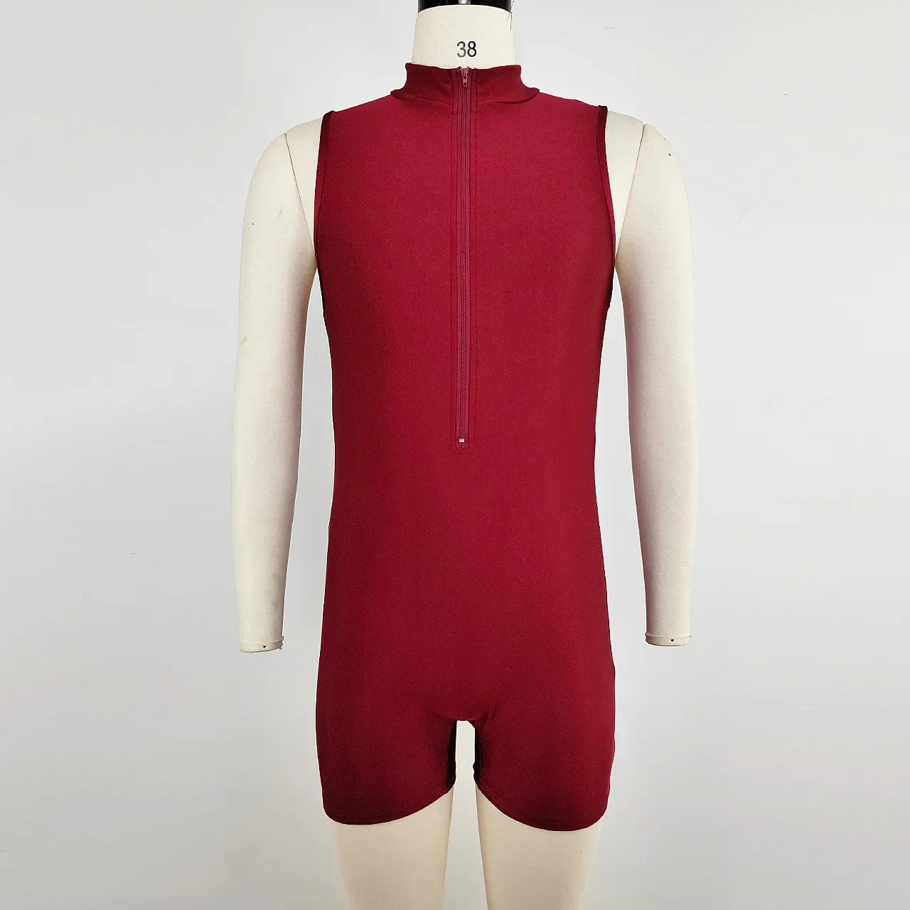 details of red Aerobicide Zip-Access Bodysuit – pridevoyageshop.com – gay men’s harness, lingerie and fetish wear