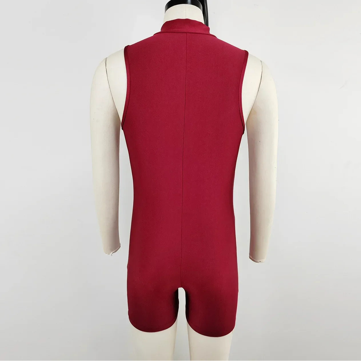 details of red Aerobicide Zip-Access Bodysuit – pridevoyageshop.com – gay men’s harness, lingerie and fetish wear