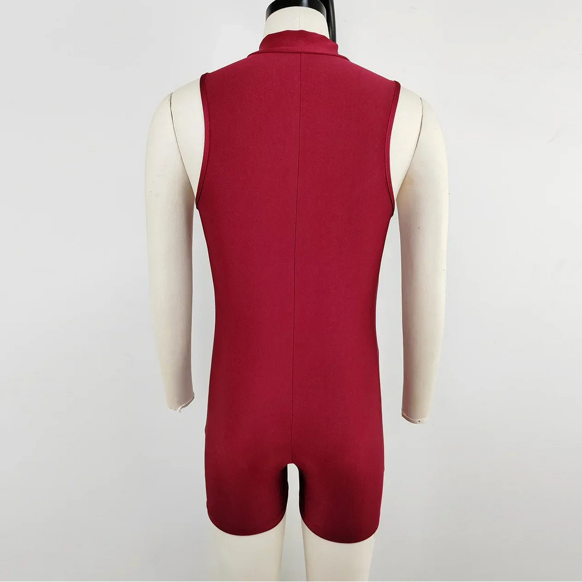 details of red Aerobicide Zip-Access Bodysuit – pridevoyageshop.com – gay men’s harness, lingerie and fetish wear