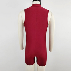 details of red Aerobicide Zip-Access Bodysuit – pridevoyageshop.com – gay men’s harness, lingerie and fetish wear