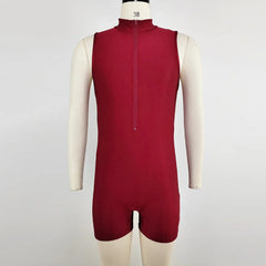 details of red Aerobicide Zip-Access Bodysuit – pridevoyageshop.com – gay men’s harness, lingerie and fetish wear