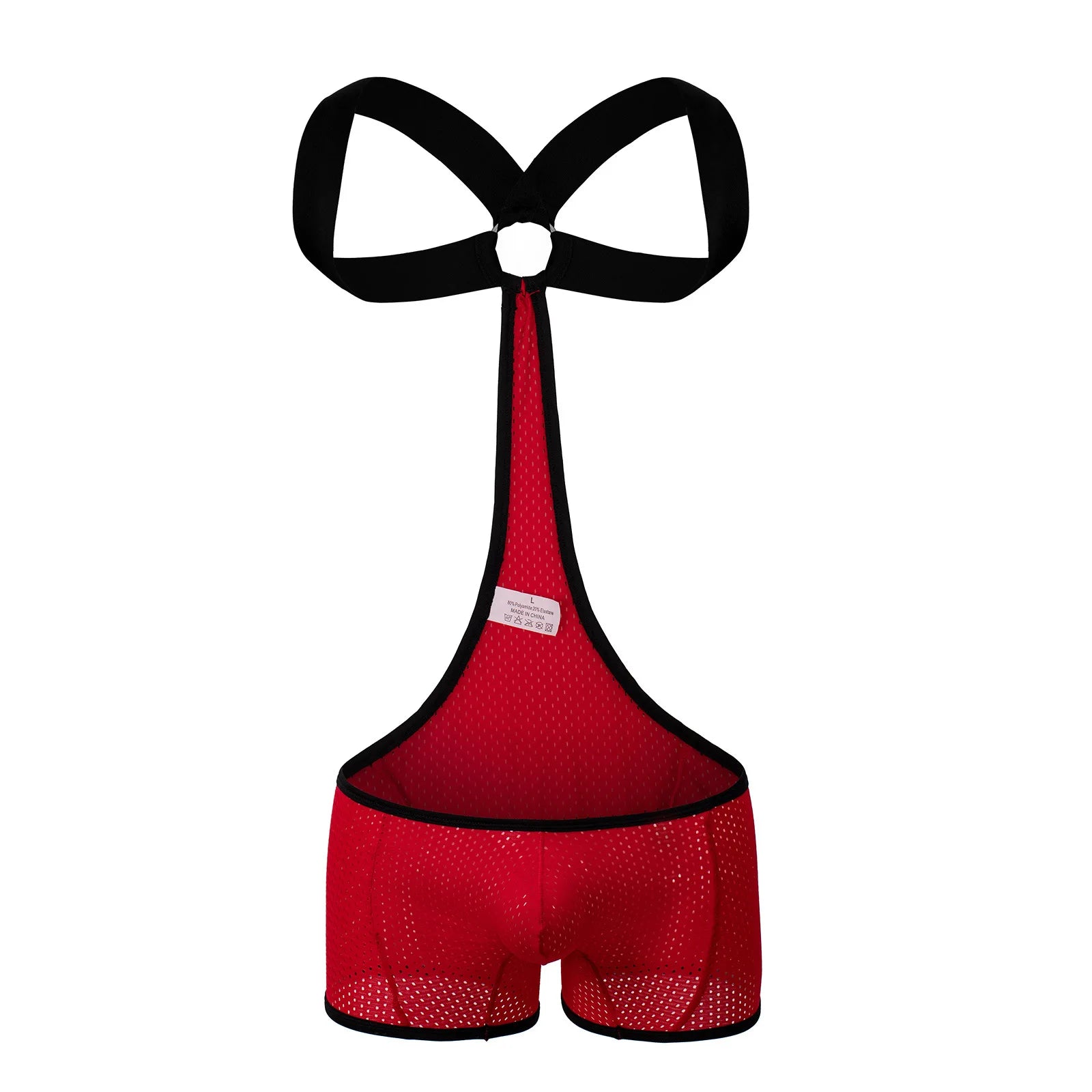details of red Hookup Mesh Harness Singlet – pridevoyageshop.com – gay men’s harness, lingerie and fetish wear