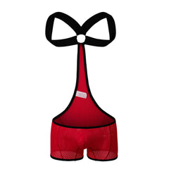 details of red Hookup Mesh Harness Singlet – pridevoyageshop.com – gay men’s harness, lingerie and fetish wear