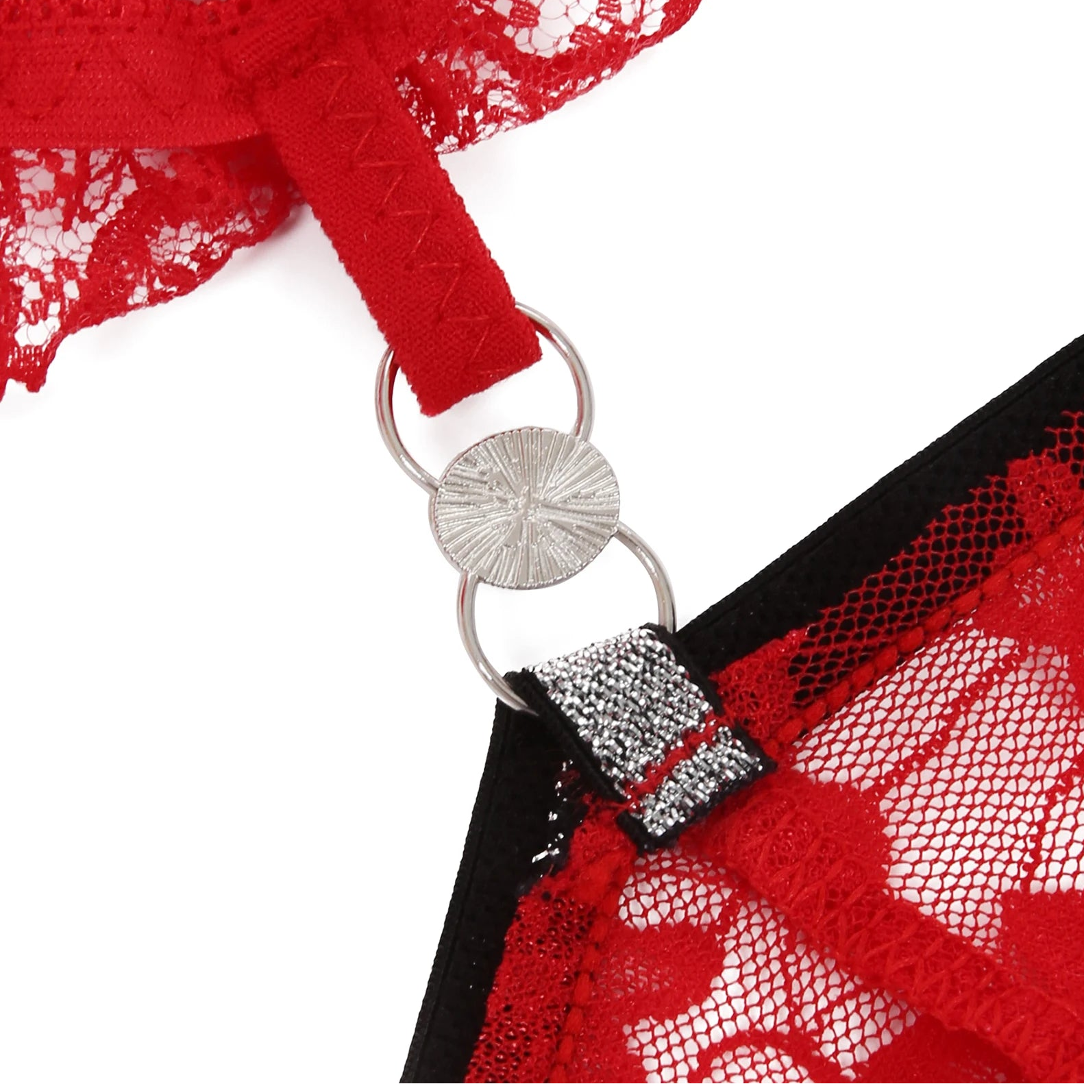 details of red Men’s Boudoir Lace G-String – pridevoyageshop.com – gay men’s harness, lingerie and fetish wear