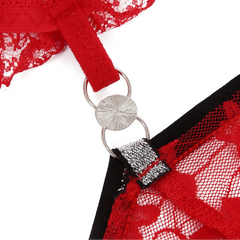 details of red Men’s Boudoir Lace G-String – pridevoyageshop.com – gay men’s harness, lingerie and fetish wear