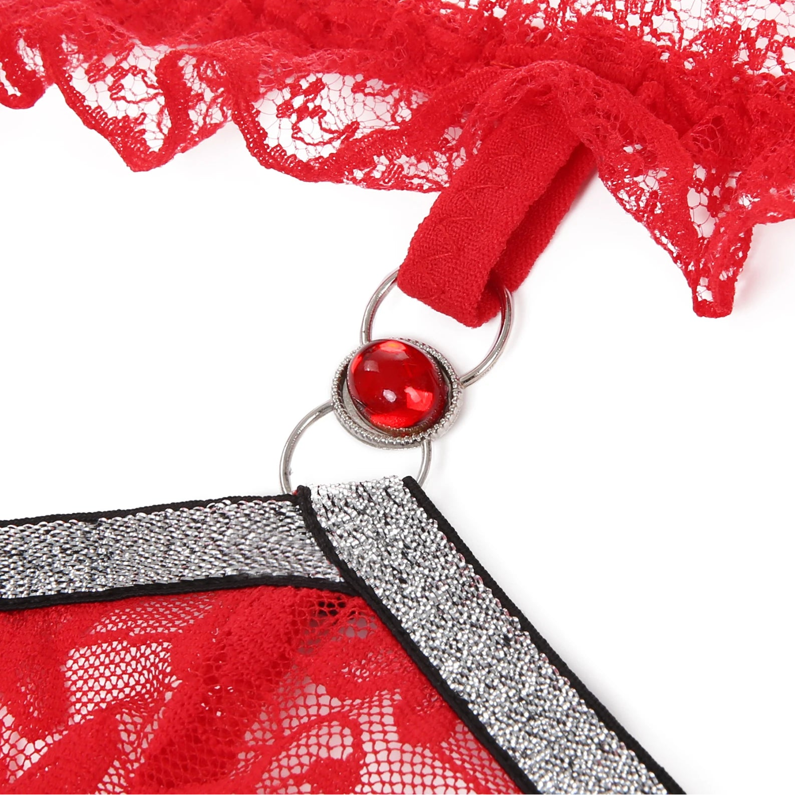 details of red Men’s Boudoir Lace G-String – pridevoyageshop.com – gay men’s harness, lingerie and fetish wear