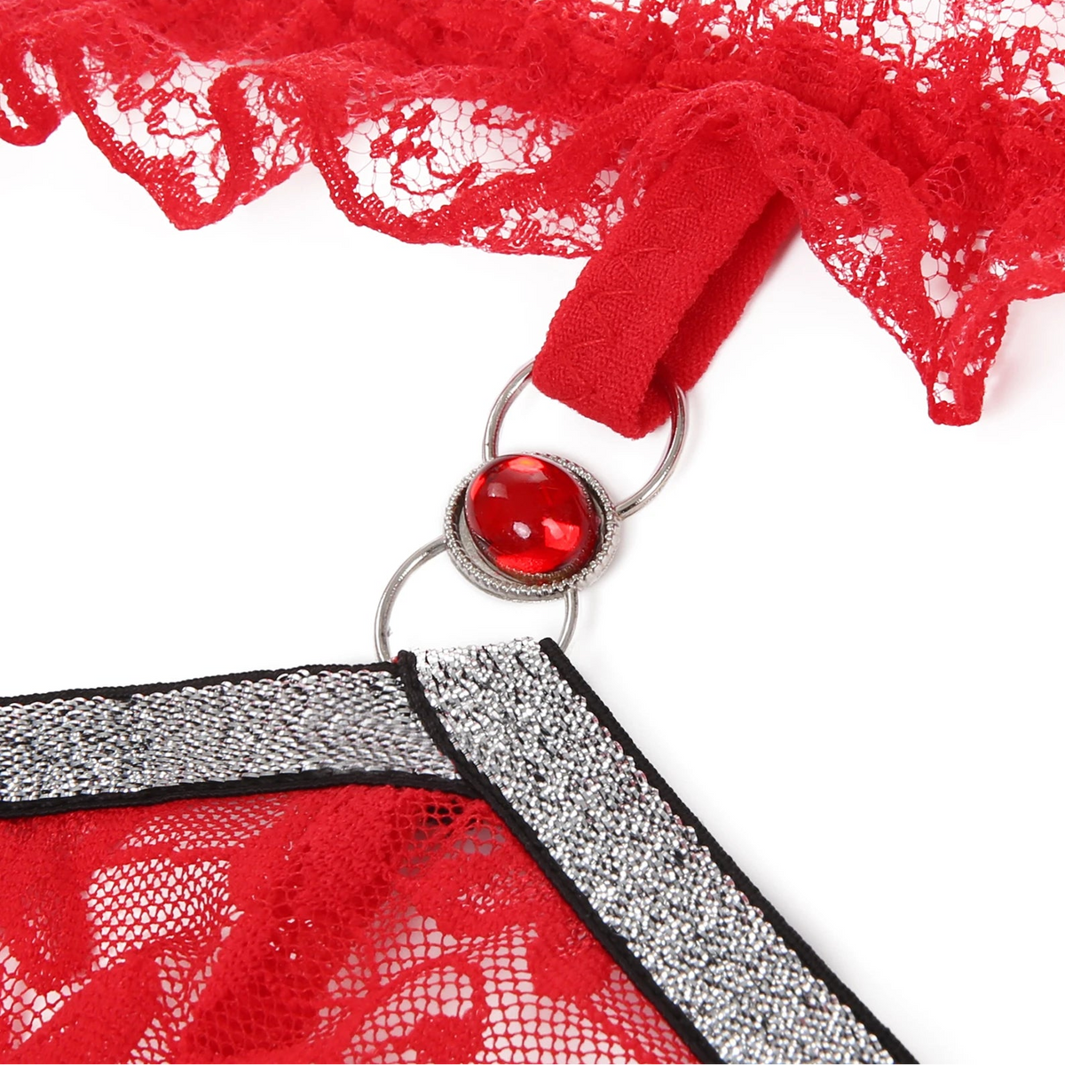 details of red Men’s Boudoir Lace G-String – pridevoyageshop.com – gay men’s harness, lingerie and fetish wear