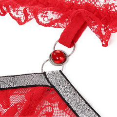 details of red Men’s Boudoir Lace G-String – pridevoyageshop.com – gay men’s harness, lingerie and fetish wear