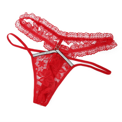 details of red Men’s Boudoir Lace G-String – pridevoyageshop.com – gay men’s harness, lingerie and fetish wear