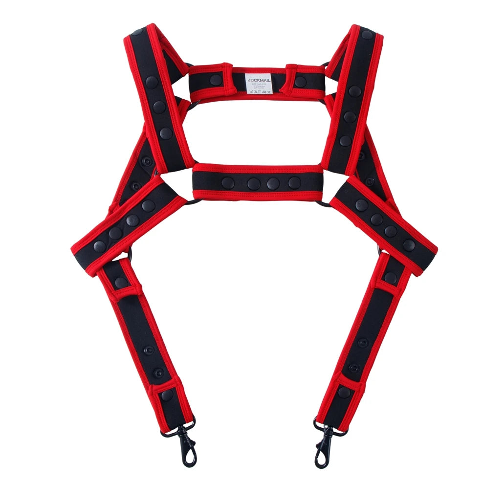 details of red Men’s Bullseye Body Harness – pridevoyageshop.com – gay men’s sexy swim briefs, trunks, board shorts, and bikinis