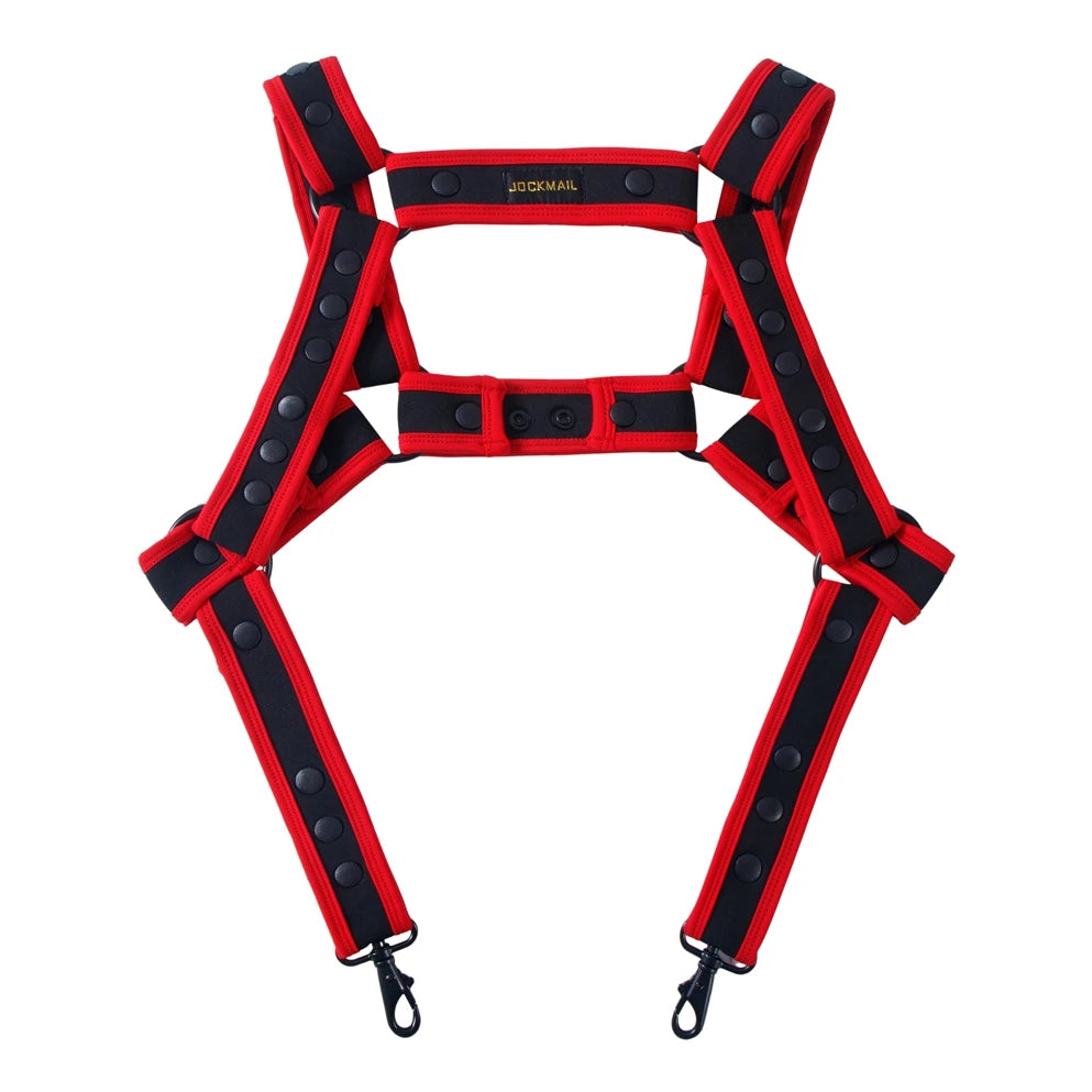 details of red Men’s Bullseye Body Harness – pridevoyageshop.com – gay men’s sexy swim briefs, trunks, board shorts, and bikinis