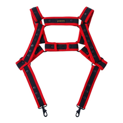 details of red Men’s Bullseye Body Harness – pridevoyageshop.com – gay men’s sexy swim briefs, trunks, board shorts, and bikinis