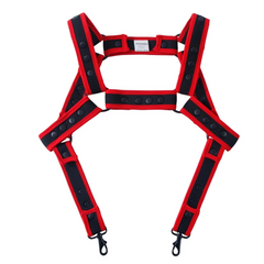 details of red Men’s Bullseye Body Harness – pridevoyageshop.com – gay men’s sexy swim briefs, trunks, board shorts, and bikinis