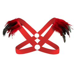details of red Men’s Fallen Diva Feather Epaulet Harness – pridevoyageshop.com – gay men’s harness, lingerie and fetish wear