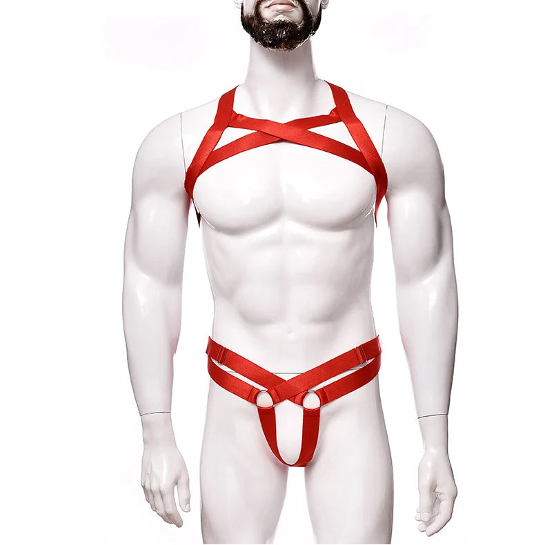 details of red Men’s Gift‑Wrapped Jock Harness – pridevoyageshop.com – gay men’s harness, lingerie and fetish wear
