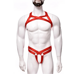 details of red Men’s Gift‑Wrapped Jock Harness – pridevoyageshop.com – gay men’s harness, lingerie and fetish wear