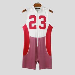 details of red Men’s Legacy 23 Varsity Zip Bodysuit – pridevoyageshop.com – gay men’s harness, lingerie and fetish wear