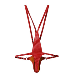 details of red Men’s Lockdown Suspender Jock Singlet – pridevoyageshop.com – gay men’s harness, lingerie and fetish wear