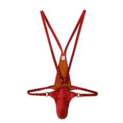 details of red Men’s Lockdown Suspender Jock Singlet – pridevoyageshop.com – gay men’s harness, lingerie and fetish wear