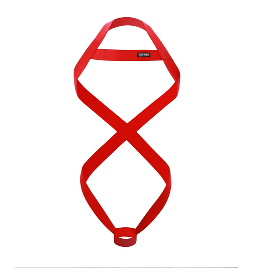 details of red Men’s Minimalism Connect Bondage Harness – pridevoyageshop.com – gay men’s harness, lingerie and fetish wear