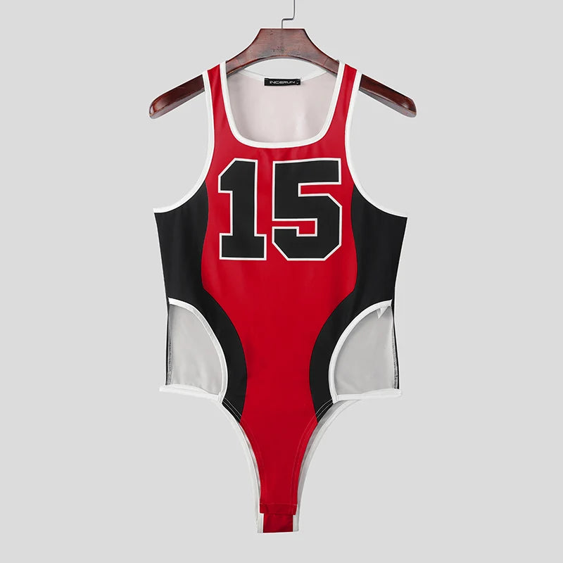 details of red The Roster Cut Varsity Bodysuit – pridevoyageshop.com – gay men’s harness, lingerie and fetish wear