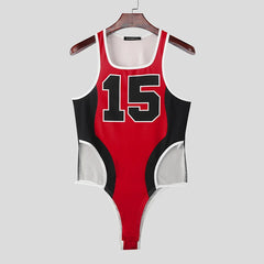 details of red The Roster Cut Varsity Bodysuit – pridevoyageshop.com – gay men’s harness, lingerie and fetish wear