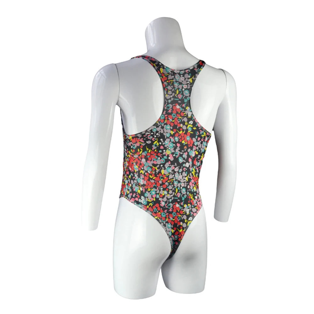 details of red lace racerback bodysuit with floral pattern and smooth stretch mesh – pridevoyageshop.com – gay men’s harness, lingerie and fetish wear