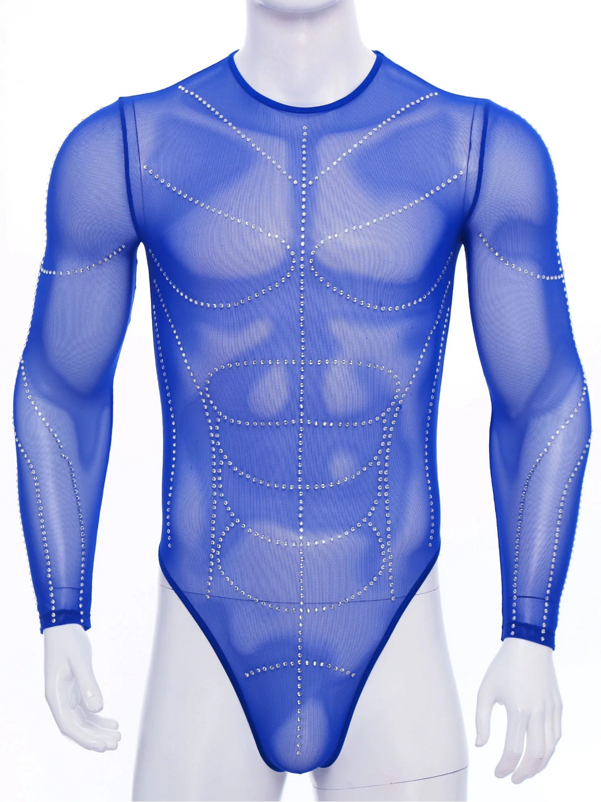 details of royal blue Men’s Night Vision Rhinestone Mesh Bodysuit – pridevoyageshop.com – gay men’s harness, lingerie and fetish wear