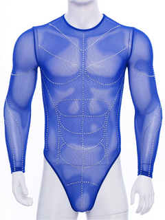 details of royal blue Men’s Night Vision Rhinestone Mesh Bodysuit – pridevoyageshop.com – gay men’s harness, lingerie and fetish wear