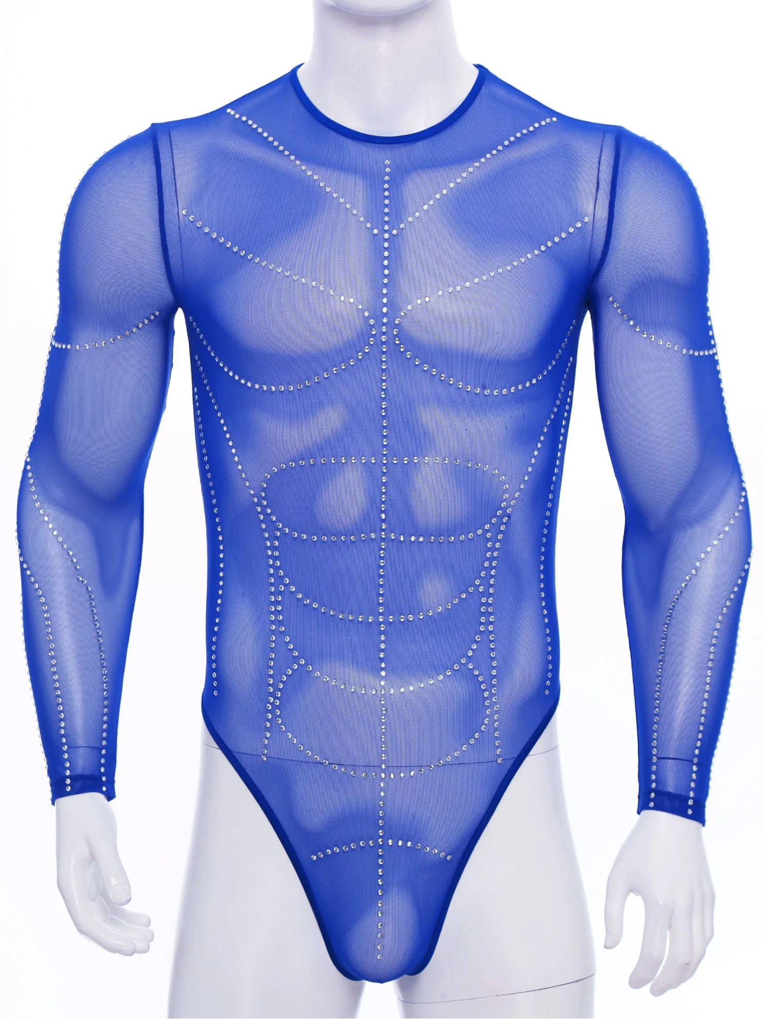 details of royal blue Men’s Night Vision Rhinestone Mesh Bodysuit – pridevoyageshop.com – gay men’s harness, lingerie and fetish wear