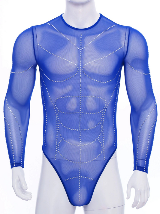 details of royal blue Men’s Night Vision Rhinestone Mesh Bodysuit – pridevoyageshop.com – gay men’s harness, lingerie and fetish wear