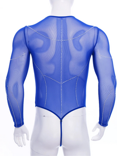 details of royal blue Men’s Night Vision Rhinestone Mesh Bodysuit – pridevoyageshop.com – gay men’s harness, lingerie and fetish wear