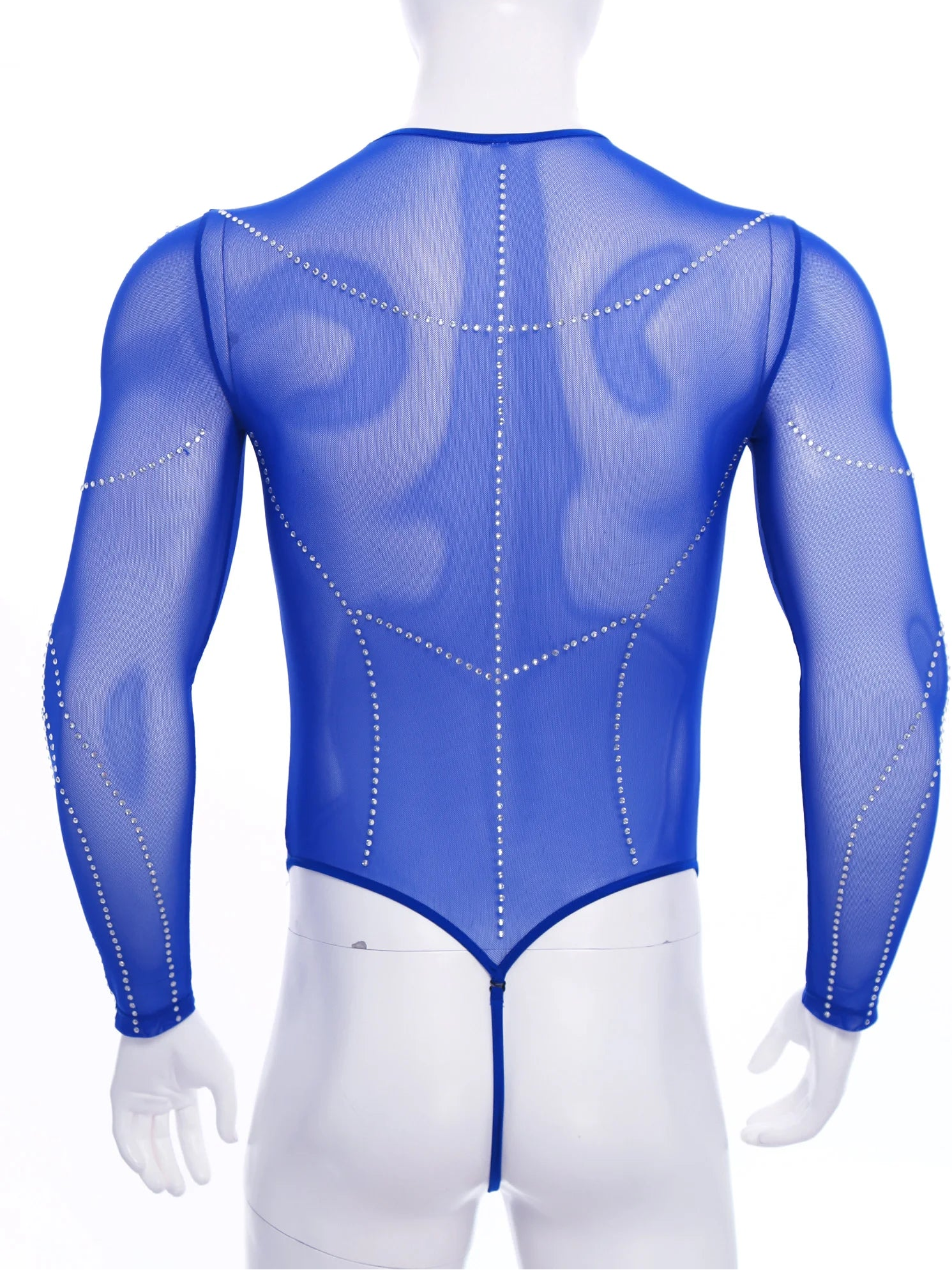 details of royal blue Men’s Night Vision Rhinestone Mesh Bodysuit – pridevoyageshop.com – gay men’s harness, lingerie and fetish wear