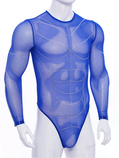 details of royal blue Men’s Night Vision Rhinestone Mesh Bodysuit – pridevoyageshop.com – gay men’s harness, lingerie and fetish wear