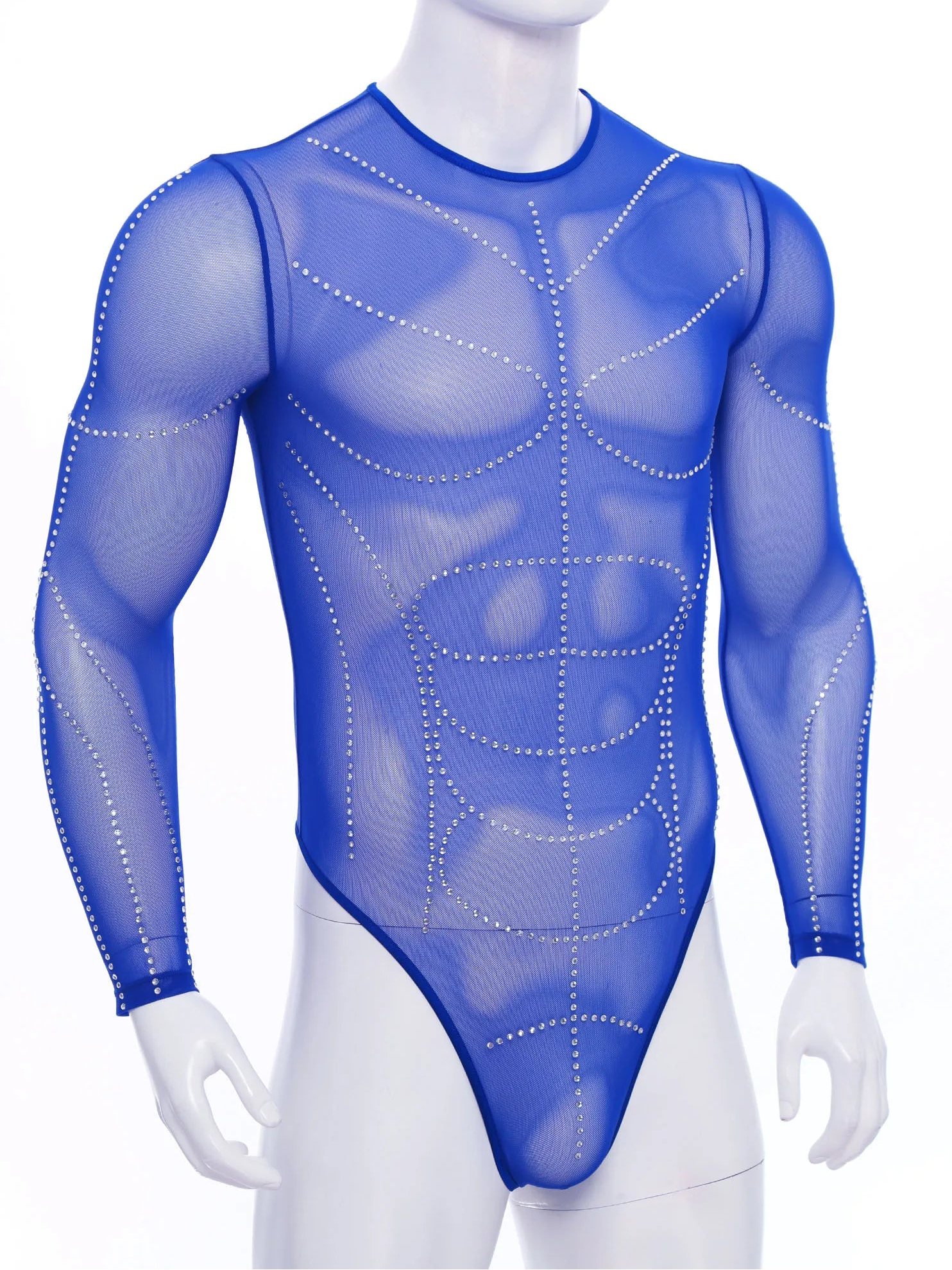 details of royal blue Men’s Night Vision Rhinestone Mesh Bodysuit – pridevoyageshop.com – gay men’s harness, lingerie and fetish wear