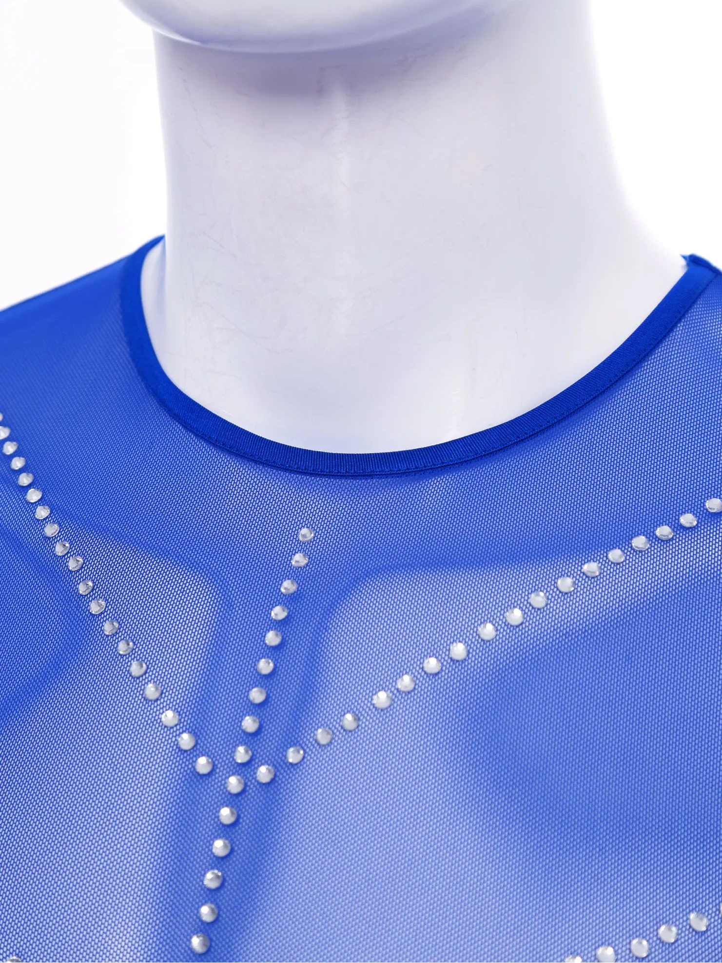 details of royal blue Men’s Night Vision Rhinestone Mesh Bodysuit – pridevoyageshop.com – gay men’s harness, lingerie and fetish wear