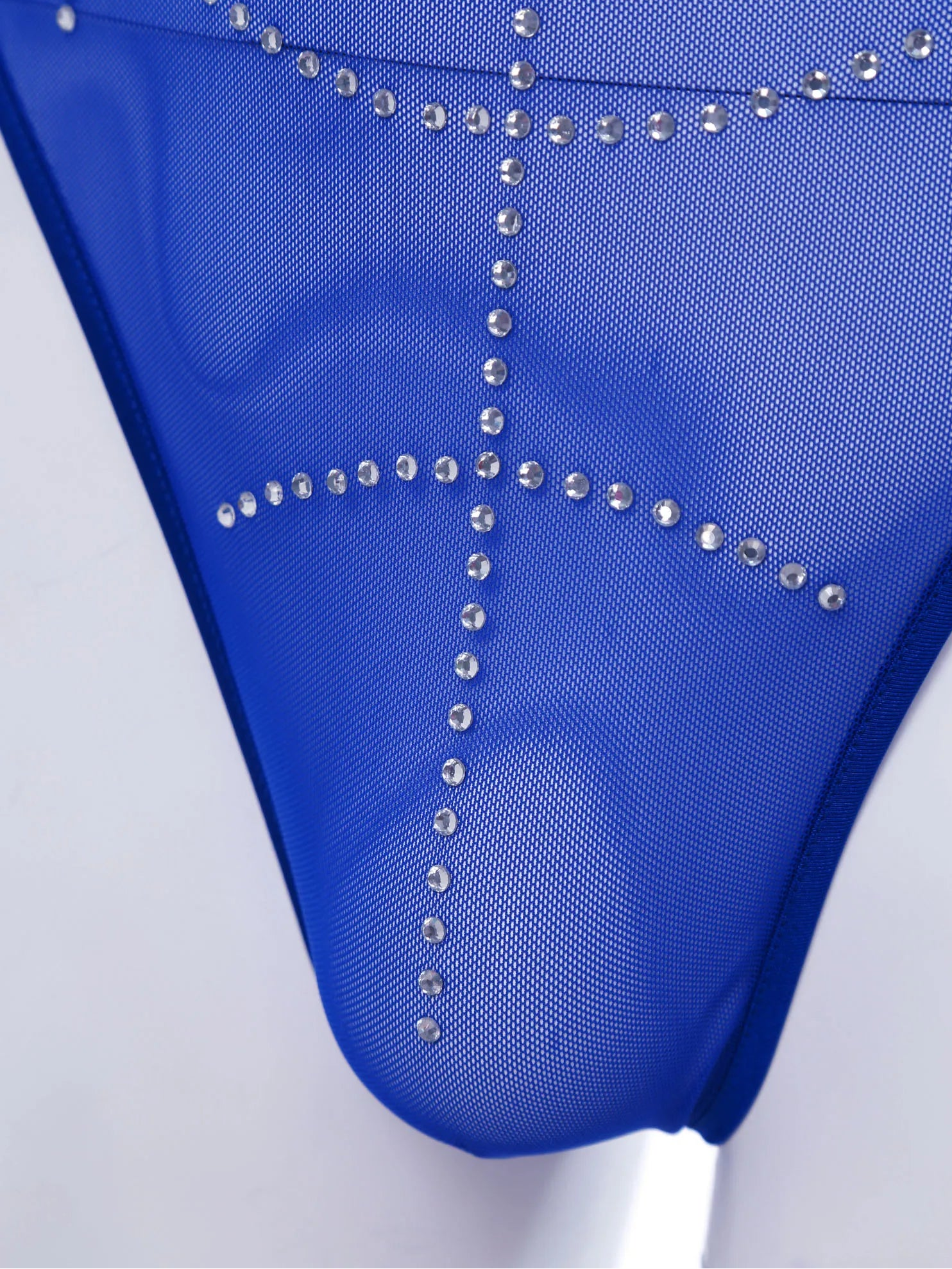 details of royal blue Men’s Night Vision Rhinestone Mesh Bodysuit – pridevoyageshop.com – gay men’s harness, lingerie and fetish wear