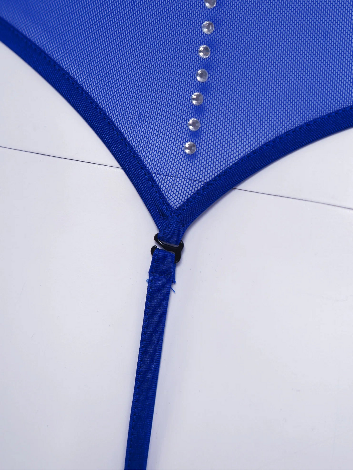details of royal blue Men’s Night Vision Rhinestone Mesh Bodysuit – pridevoyageshop.com – gay men’s harness, lingerie and fetish wear